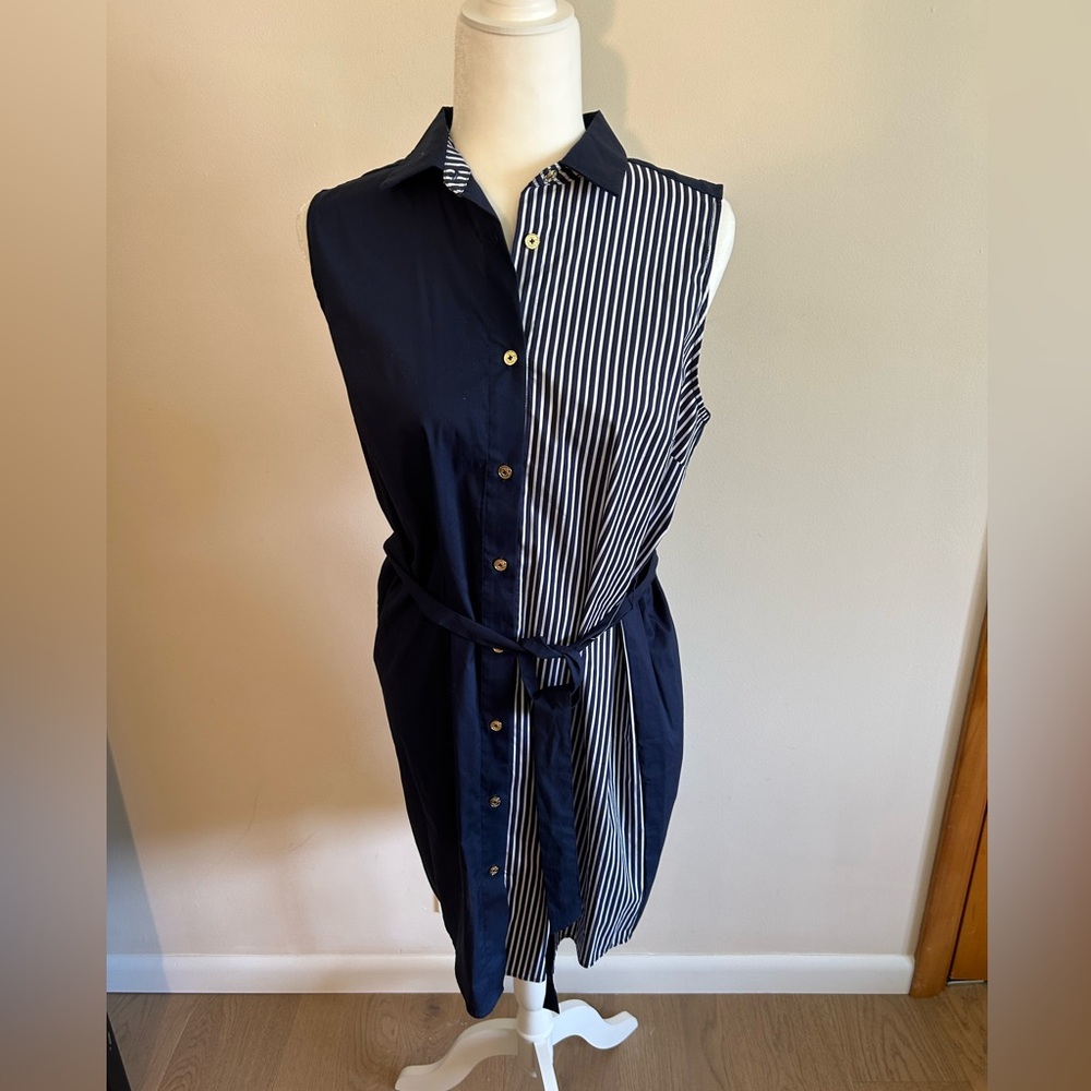 Navy and White Striped Sleeveless Dress by C Wonder in size M